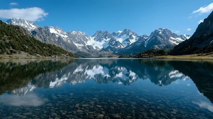 Majestic snow-capped mountain peaks reflecting in crystal clear alpine lake waters, surrounded by evergreen forest under bright blue sky with white clouds.