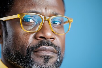 Close up portrait of mature African American man wearing stylish yellow glasses against blue background, expressing thoughtful contemplative mood.