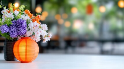 Floral Arrangement Lantern Vase, Soft Lighting, High-Resolution, Close-up Still Life, Subtle Textures, Peaceful Display, Outdoor Cafe Backdrop, Warm Gentle Hues, Ideal for Restaurant Menus