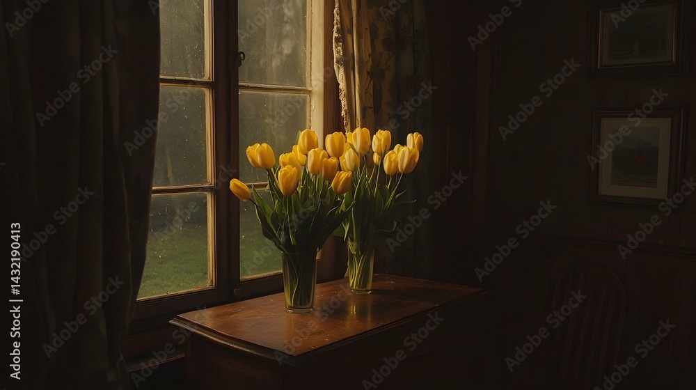 Poster yellow tulips in glass vases on a wooden table by a window. sunlight streams through the curtains, c