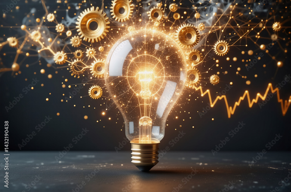 Poster illuminated lightbulb with glowing particles and golden gears, symbolizing innovation and tech progr