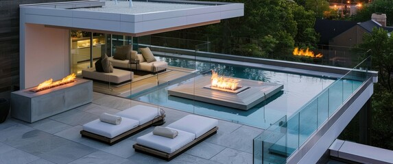 Fototapeta premium Modern roof terrace shows floating daybeds, infinity pool edge, architectural lighting, glass wind barriers, & modern fire features.