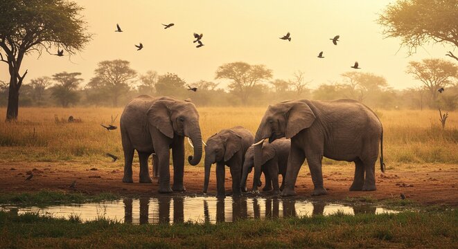 World Environment Day - A family of elephants drinking from a watering hole in the african savanna with birds flying above them