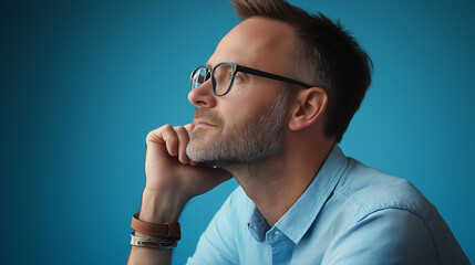 Contemplative Gaze: A Portrait of a Man in His Early 40s, Pensive and Thoughtful, Wearing a Blue Button-Down Shirt and Jeans Against a Deep Blue Background