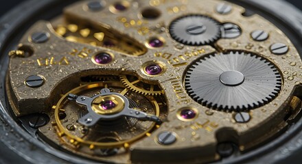 A highly detailed macro photograph of the inner mechanism of a vintage mechanical wristwatch. Tiny gears, cogs, and springs are intricately arranged in polished brass and steel.