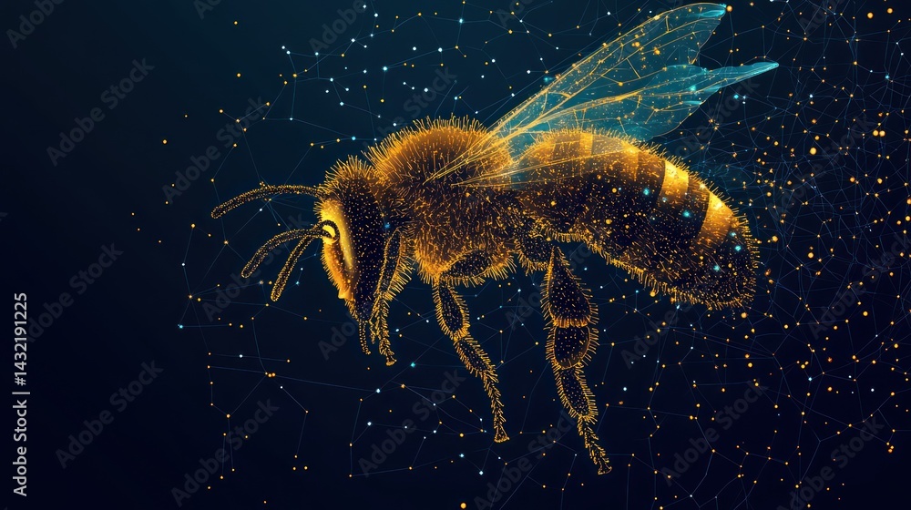 Poster digital rendering of a honeybee in flight with abstract connection points