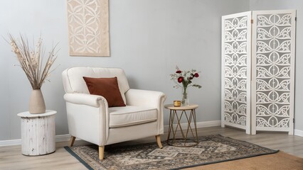 Elegant beige sofa, abstract pillows and organic decor elements in a calm, modern interior.
