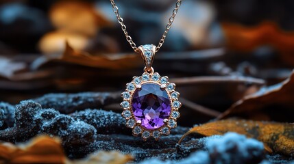 Amethyst pendant on chain, autumn leaves