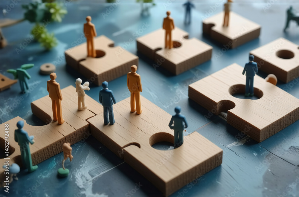 Poster miniature figures stand on interconnected wooden puzzle pieces, illustrating connection and collabor