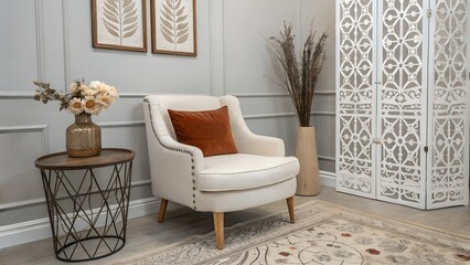 Elegant beige sofa, abstract pillows and organic decor elements in a calm, modern interior.
