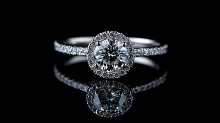 close up of sparkling diamond wedding ring with intricate detailing on black background