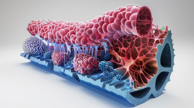 Lymphoid tissue engineering cross-section with bioprinted matrix cellular detail scientific visualization showing engineered structures.