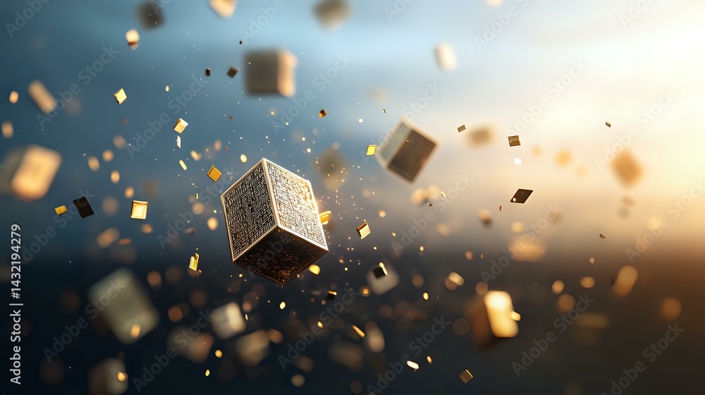Poster floating metallic cubes and golden particles scattered in moody atmospheric lighting against blurred