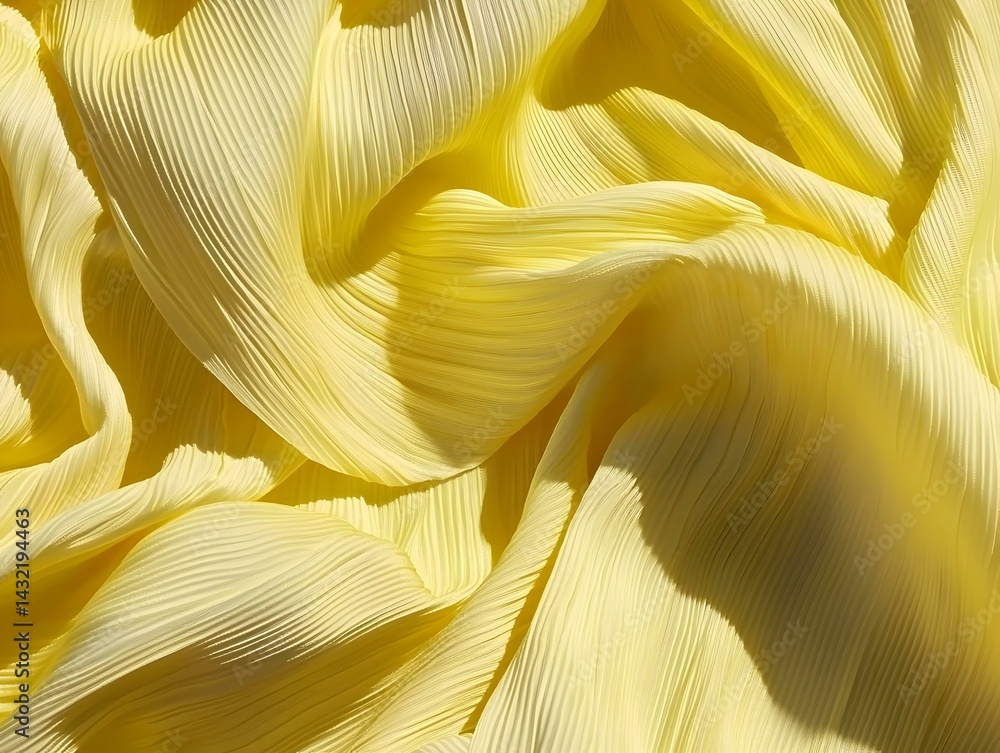 Poster abstract image of pleated yellow fabric. soft, flowing texture in sunlight. ideal for backgrounds an