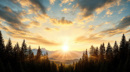 Fototapeta premium Golden sunrise over forested mountain landscape, illuminating sky with vibrant colors