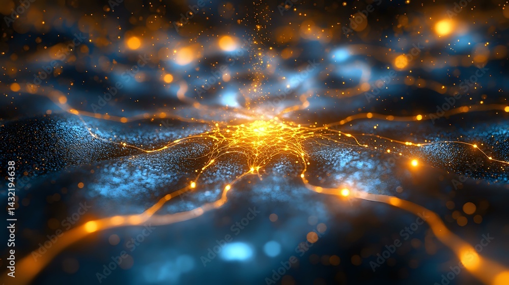 Poster glowing orange and blue abstract network with light particles floating in dark space, digital wave s