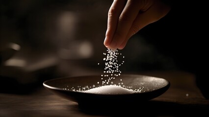 Adding salt to bowl hand sprinkling seasoning in dark kitchen