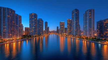 Fototapeta premium Nightfall in Chicago: Skyscrapers Reflecting on Calm Waters