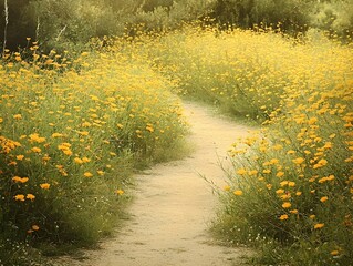 Serene path meandering through a vibrant field of yellow wildflowers bathed in soft sunlight.