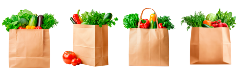 Fresh vegetables packed in a brown paper bag isolated on transparent background