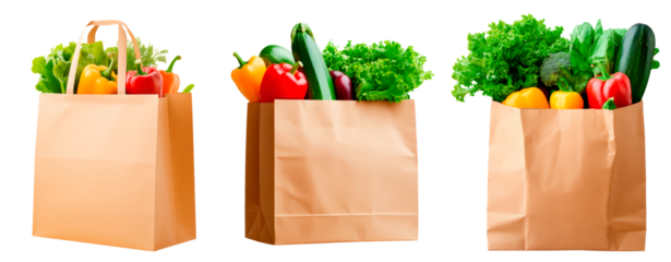 A paper bag filled with fresh vegetables and greens isolated on transparent background
