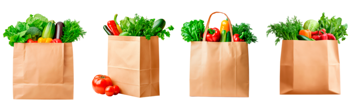 Fresh vegetables packed in a brown paper bag isolated on transparent background