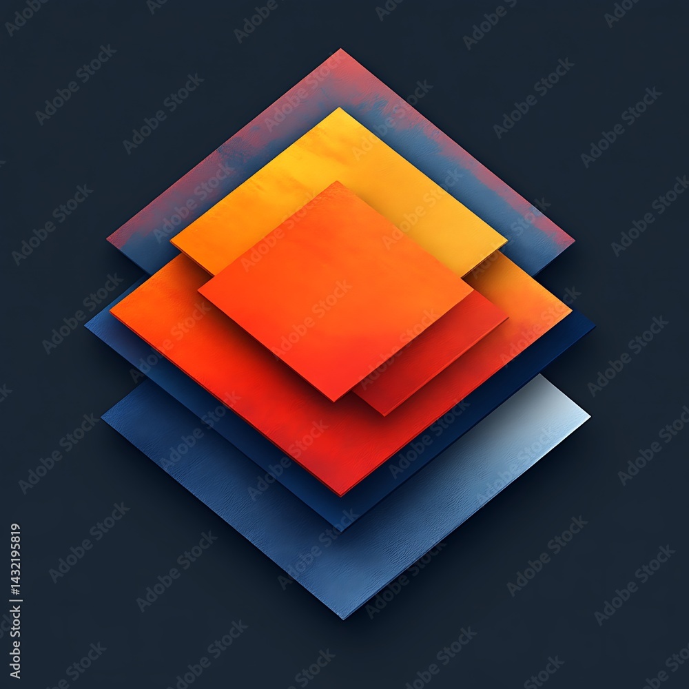 Poster abstract geometric design with layered squares in warm and cool tones