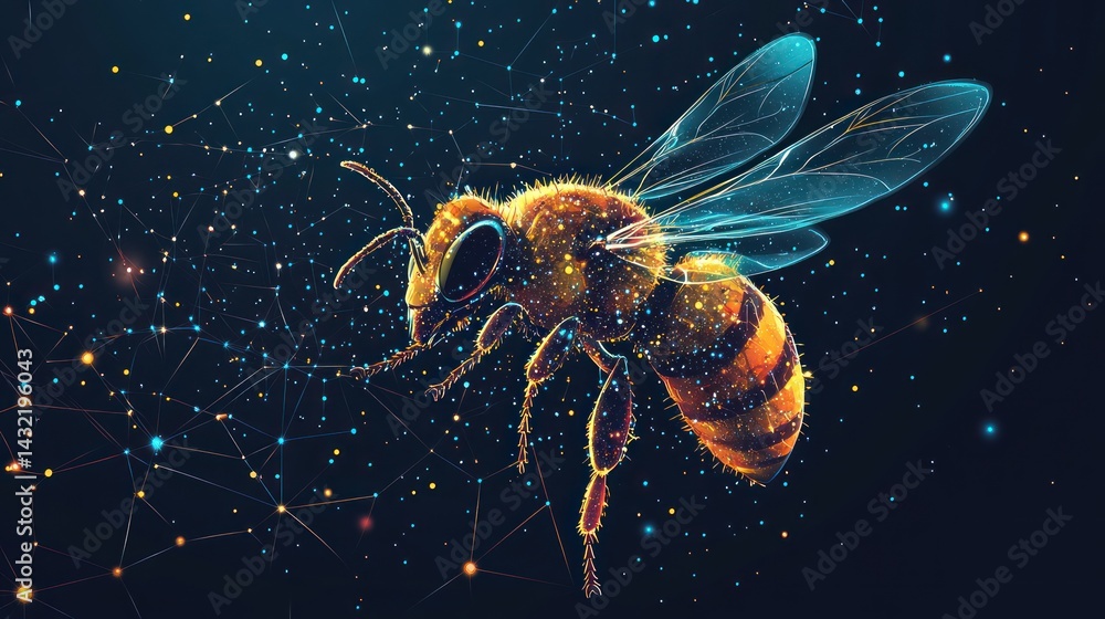Poster digital depiction of a honeybee in a cosmic network, symbolizing nature and technology integration