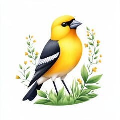 Fototapeta premium Colorful Bird with Bright Yellow Plumage and Green Foliage Decoration