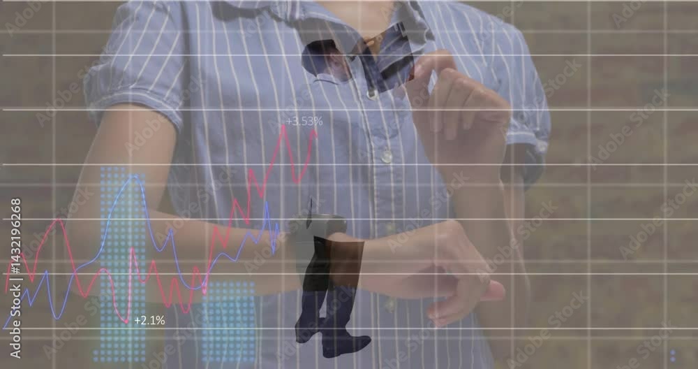 Poster man adjusting smartwatch indoors, showing floating finance charts with line graphs and stats