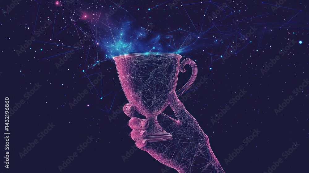 Poster cosmic triumph: digital rendering of a trophy held in a constellation hand