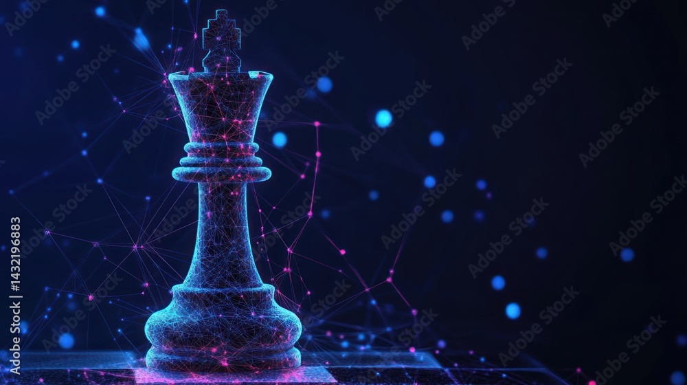 Poster futuristic chess king with digital network connection and glowing particles