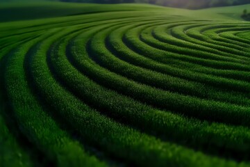 Lush green tea plantation with curved terraced rows creating mesmerizing patterns across rolling hills, aerial agricultural landscape in morning light.