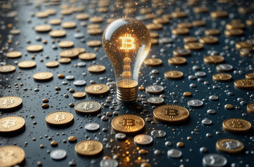 Bright light bulb with a bitcoin symbol inside illuminates scattered gold and silver bitcoins across a dark textured surface, representing digital currency and innovative finance.