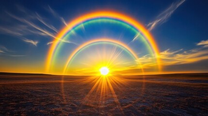 Double Rainbow Sunset over Serene Landscape