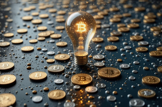 Bright light bulb with a bitcoin symbol inside illuminates scattered gold and silver bitcoins across a dark textured surface, representing digital currency and innovative finance.