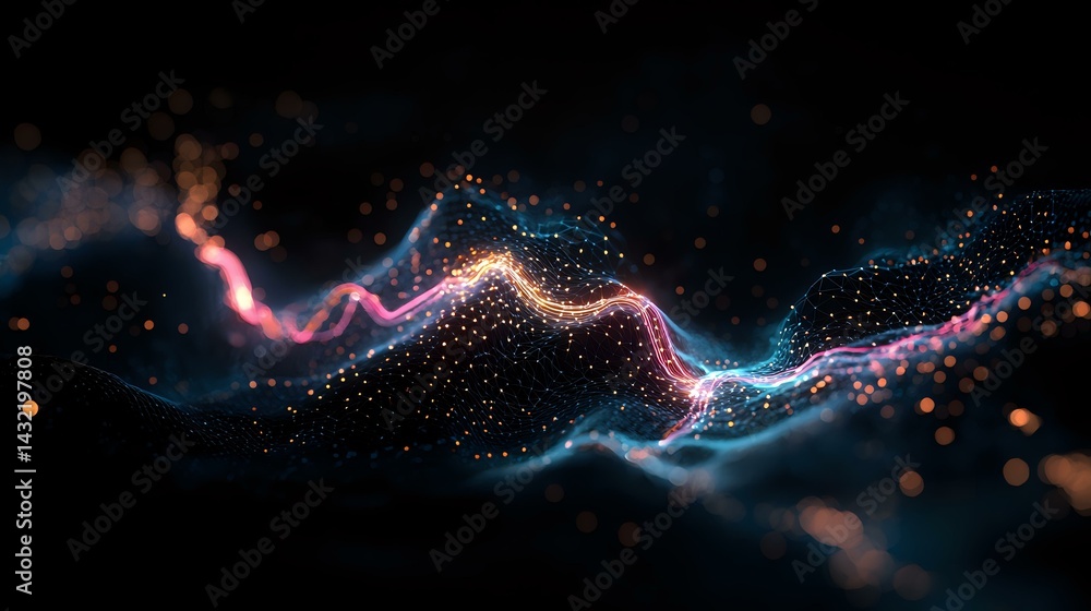Poster glowing wave of pink and blue particles flowing through dark space with sparkling light effects and 