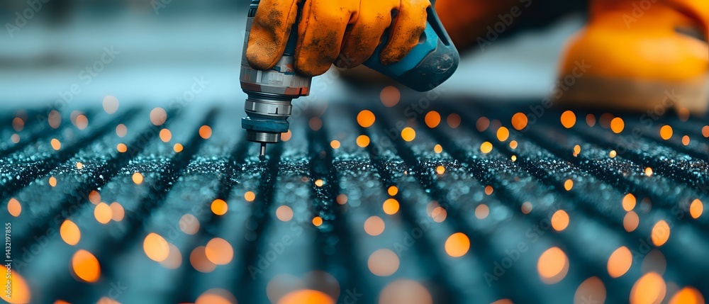 Poster panoramic close-up of robotic arm performing precise manufacturing operation with orange bokeh light