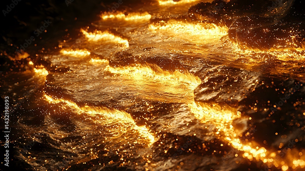 Poster dramatic waves of molten lava flow with glowing orange streams and dark volcanic rock formations cre