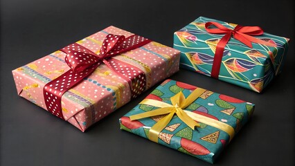 Seamless vector pattern with beautiful ornament, winter or birthday holiday decorations, retro Xmas gift boxes with bow and ribbons, cartoon flat illustration, design elements for wrapping paper decor