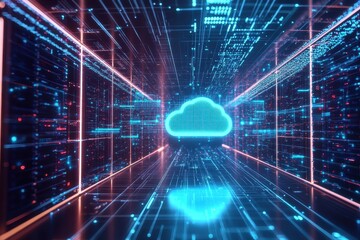 Digital cloud computing infrastructure, visualized as a glowing tunnel.