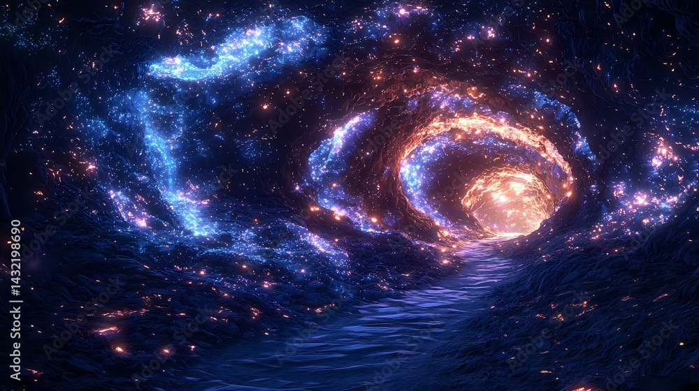 Poster cosmic ocean waves reflect mysterious spiral galaxy in deep space, creating surreal seascape with gl