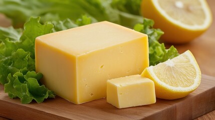 Fresh Yellow Cheese Block on Wooden Cutting Board Surrounded by Green Lettuce and Slices of Lemon Perfect for Culinary Backgrounds and Gourmet Recipes