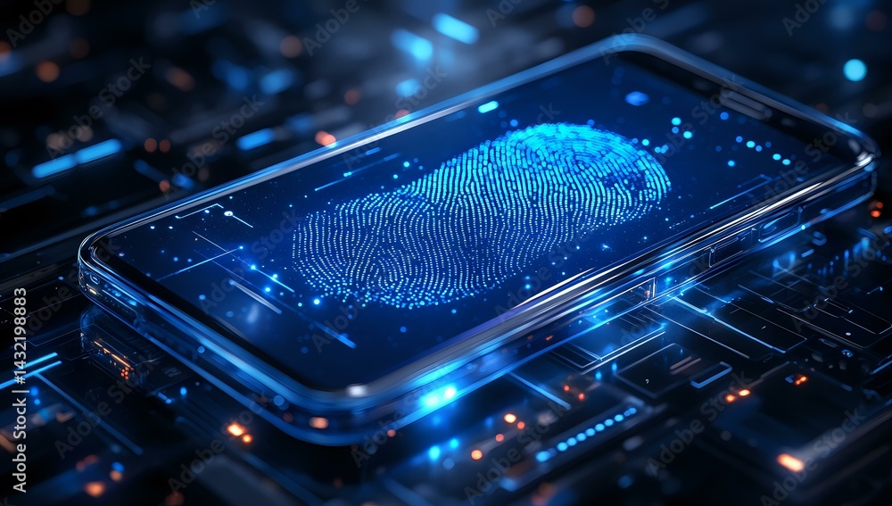 Poster digital fingerprint scan on smartphone screen with glowing blue circuit board background, representi