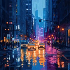 City street at night, rain reflecting vibrant lights.  Pedestrians and vehicles navigate the urban landscape