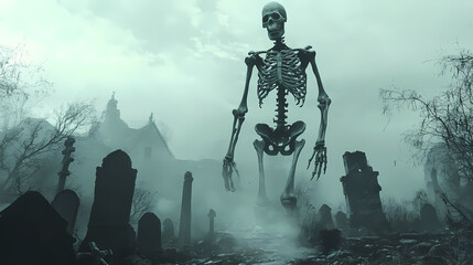 Creepy, eerie skeleton towering over misty graveyard. Phantom Tower. Illustration