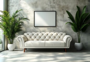 Chic White Tufted Sofa Mockup with Green Plants and Blank Frame Against Concrete Wall for Interior Design Branding


