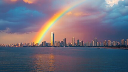 Rainbow over City Skyline at Sunset