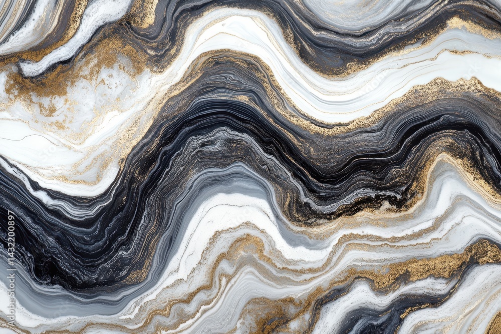 Poster abstract swirling marble pattern in black, white, and gold. intricate flowing lines create a dynamic