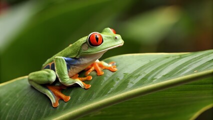 Redeyed tree frog closeup on green leaves redeyed tree frog agalychnis callidryas closeup on branch
